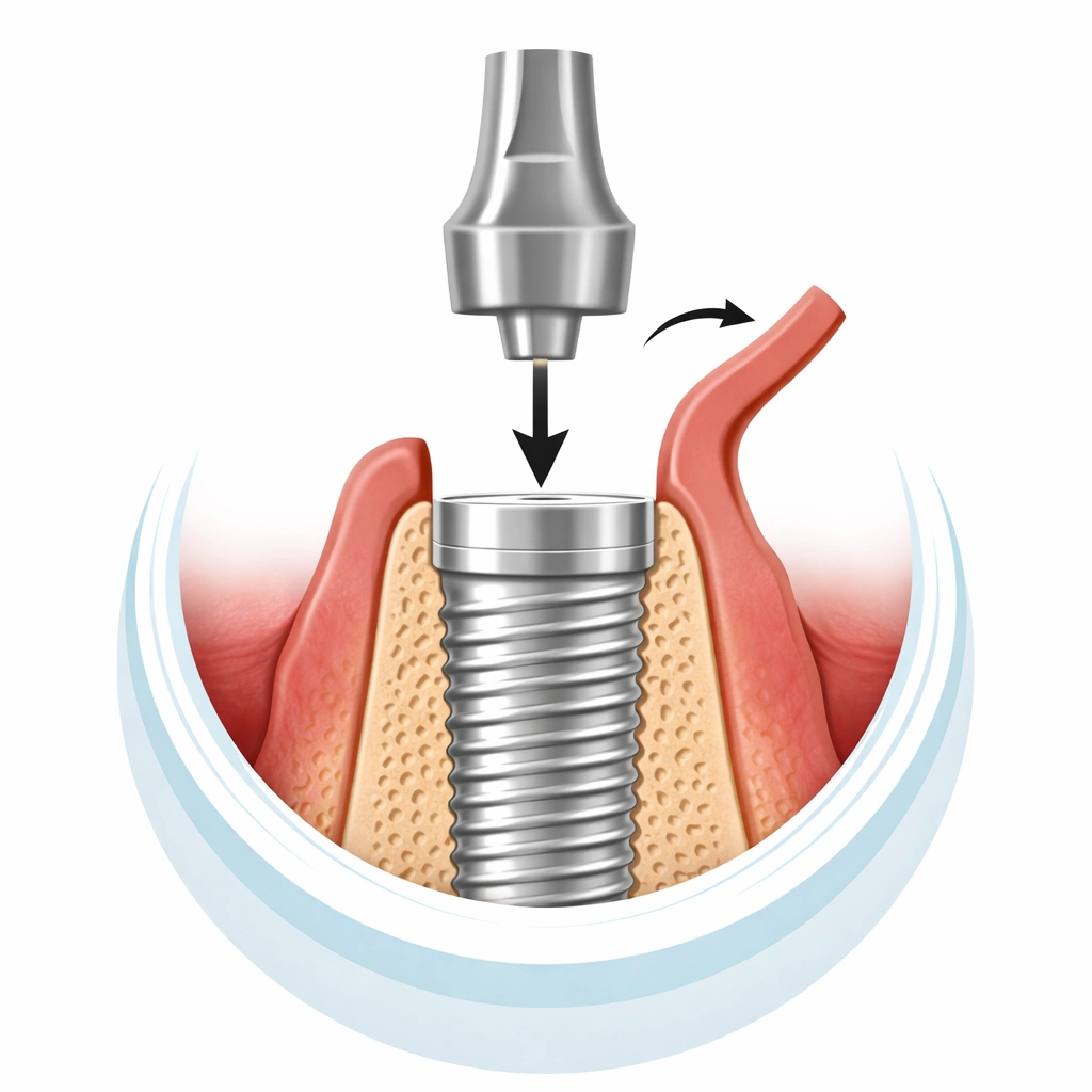 Attaching abutment to dental implant in jawbone, showcasing the process with gum tissue and implant placement