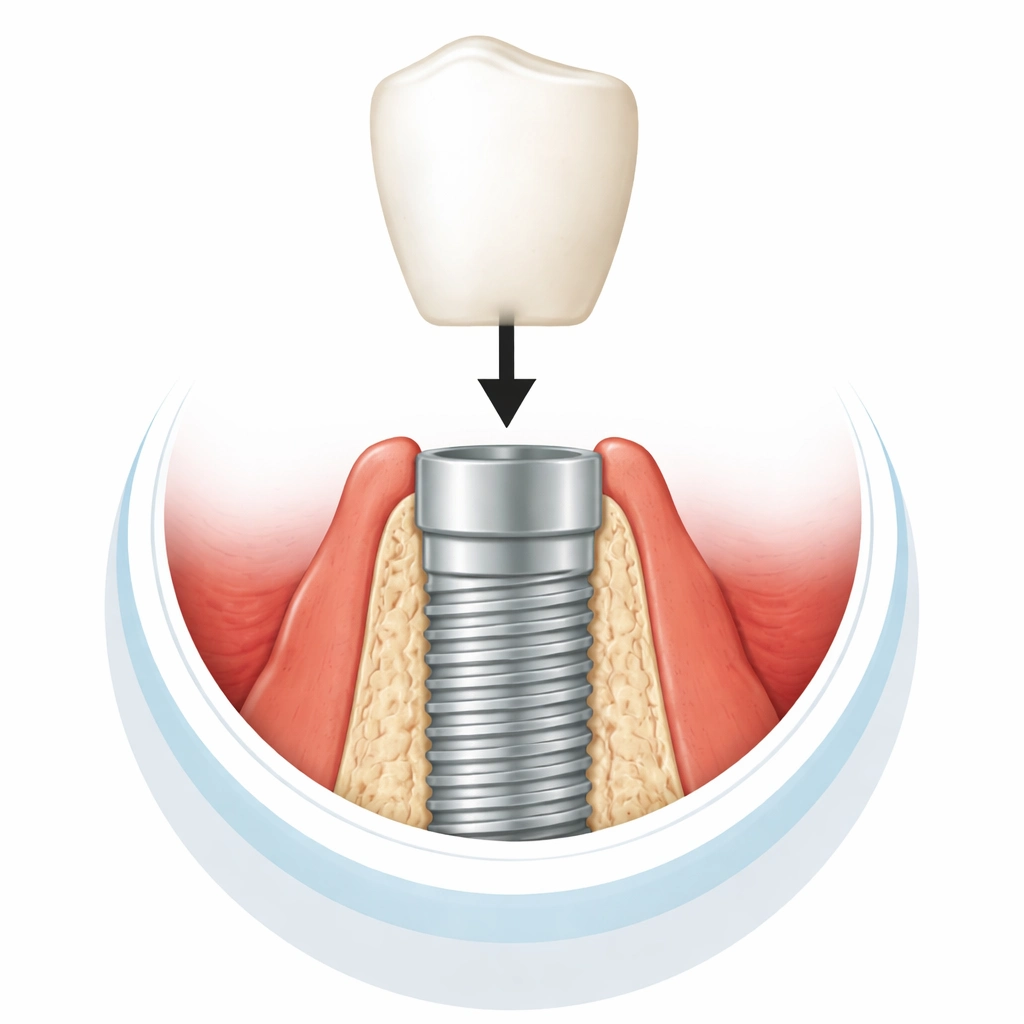Placement of ceramic crown onto dental implant, securing the final restoration with natural aesthetics
