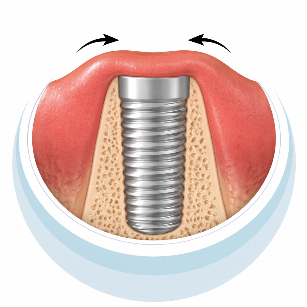 Healed dental implant with gum tissue covering the titanium post, showcasing the integration of the implant into the jawbone