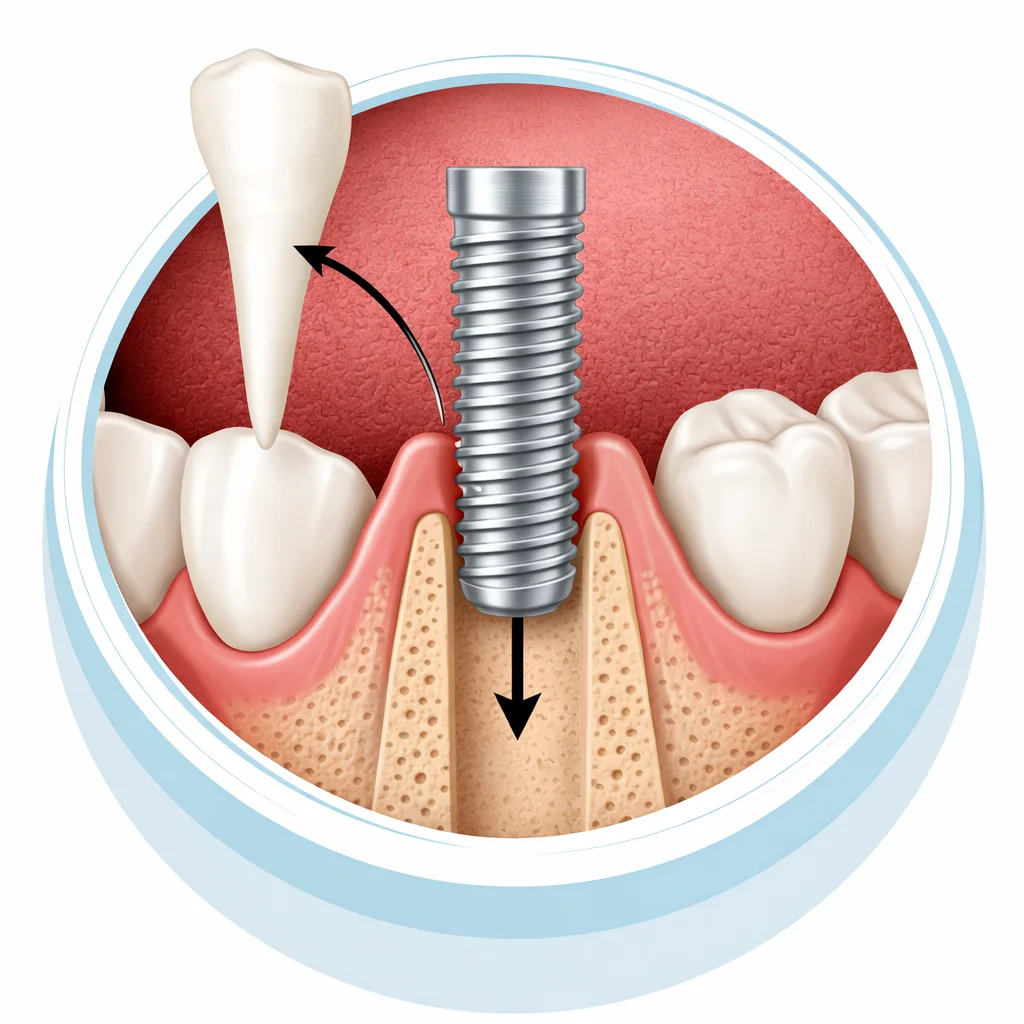 Detailed cross-section of dental implant placement in jawbone, showing titanium implant insertion into bone structure and surrounding gum tissue